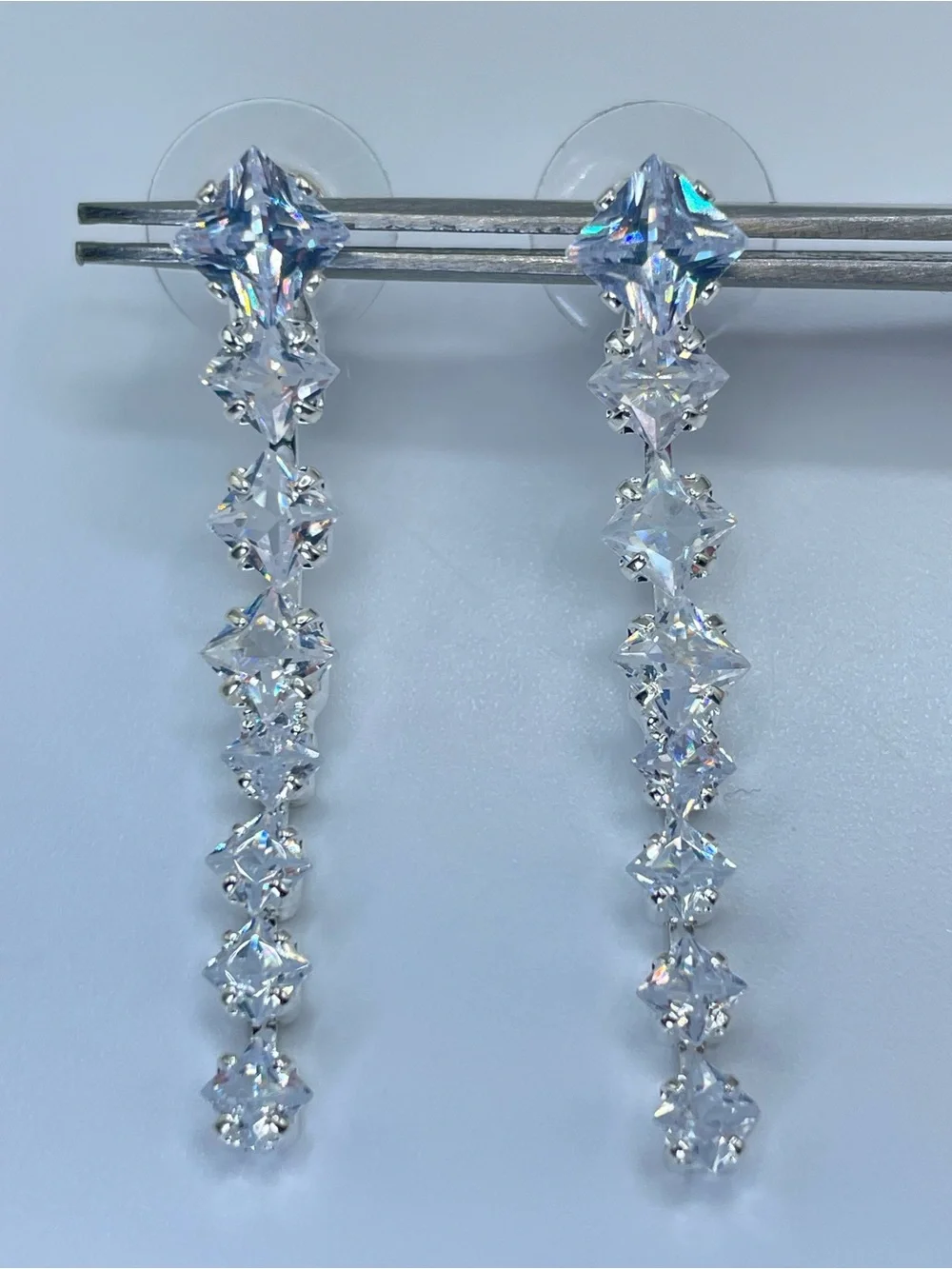Swarovski Crystal Elements White Princess Cut Linear Dangle Bridal Earrings